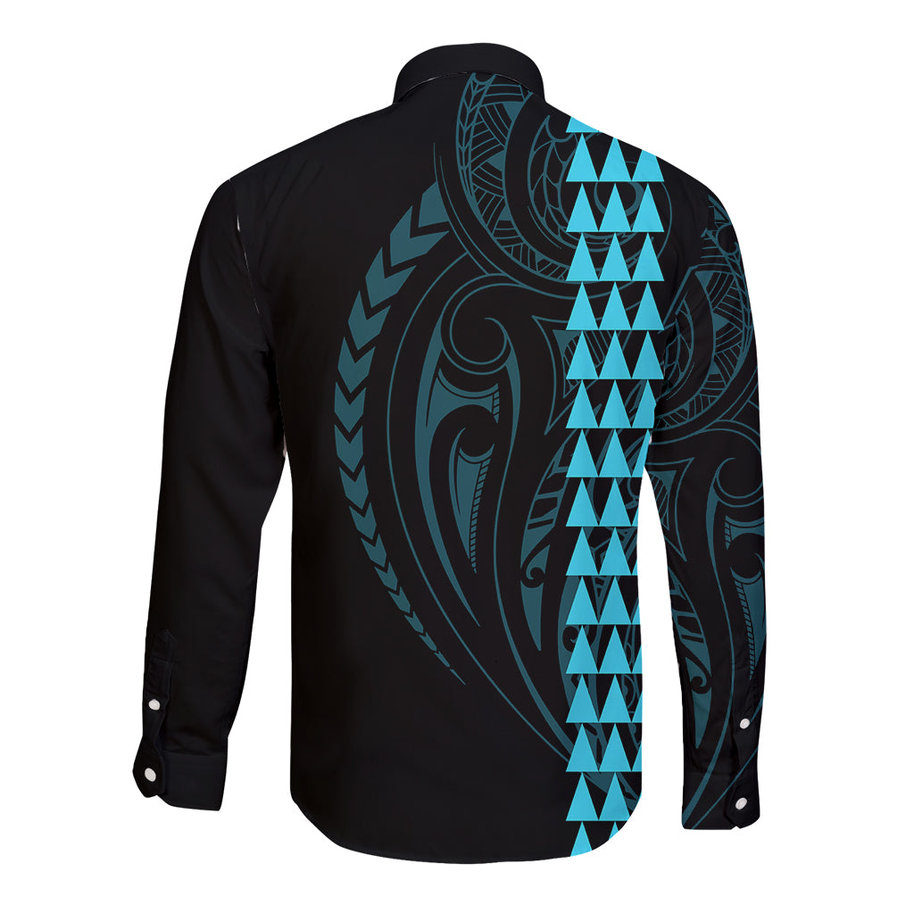Polynesian Long Sleeve Button Shirt Hawaiian Warrior and Aloha Girl With Hammerhead Shark Tattoos Light Blue LT6 - Polynesian Pride