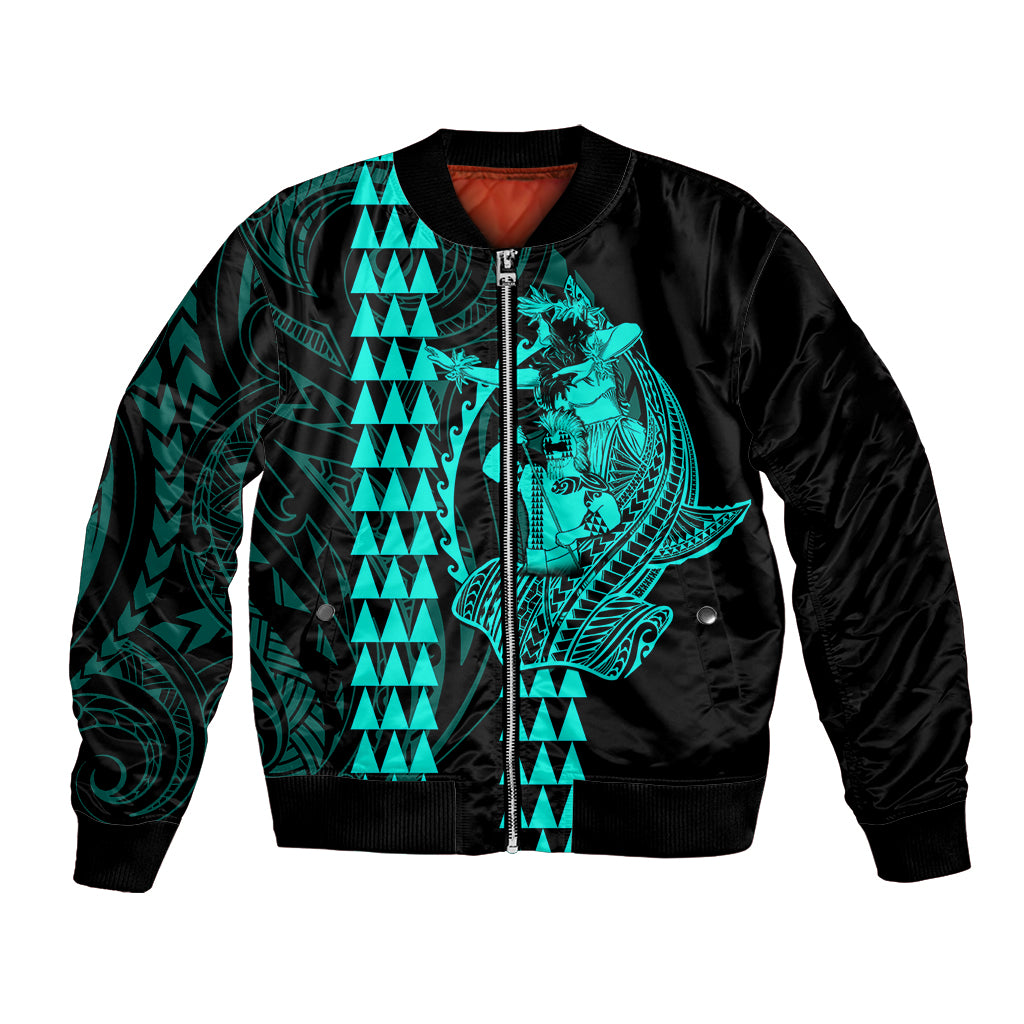 Polynesian Bomber Jacket Hawaiian Warrior and Aloha Girl With Hammerhead Shark Tattoos Turquoise LT6 Unisex Green - Polynesian Pride