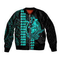 Polynesian Bomber Jacket Hawaiian Warrior and Aloha Girl With Hammerhead Shark Tattoos Turquoise LT6 Unisex Green - Polynesian Pride