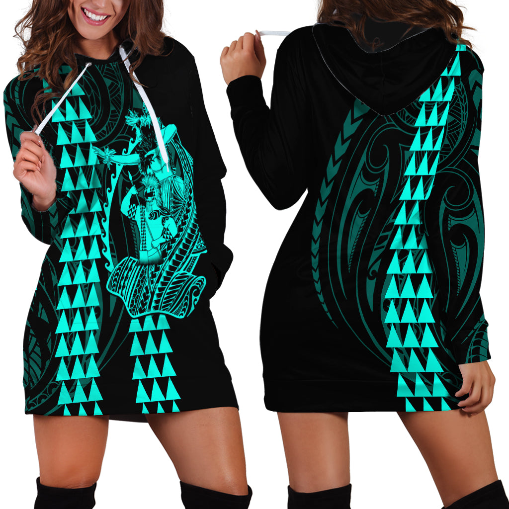 Polynesian Hoodie Dress Hawaiian Warrior and Aloha Girl With Hammerhead Shark Tattoos Turquoise LT6 - Polynesian Pride