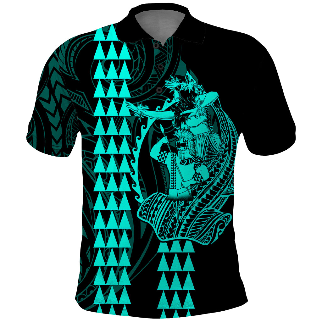 Polynesian Polo Shirt Hawaiian Warrior and Aloha Girl With Hammerhead Shark Tattoos Turquoise LT6 Green - Polynesian Pride