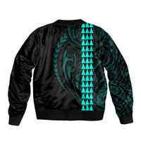 Polynesian Sleeve Zip Bomber Jacket Hawaiian Warrior and Aloha Girl With Hammerhead Shark Tattoos Turquoise LT6 - Polynesian Pride