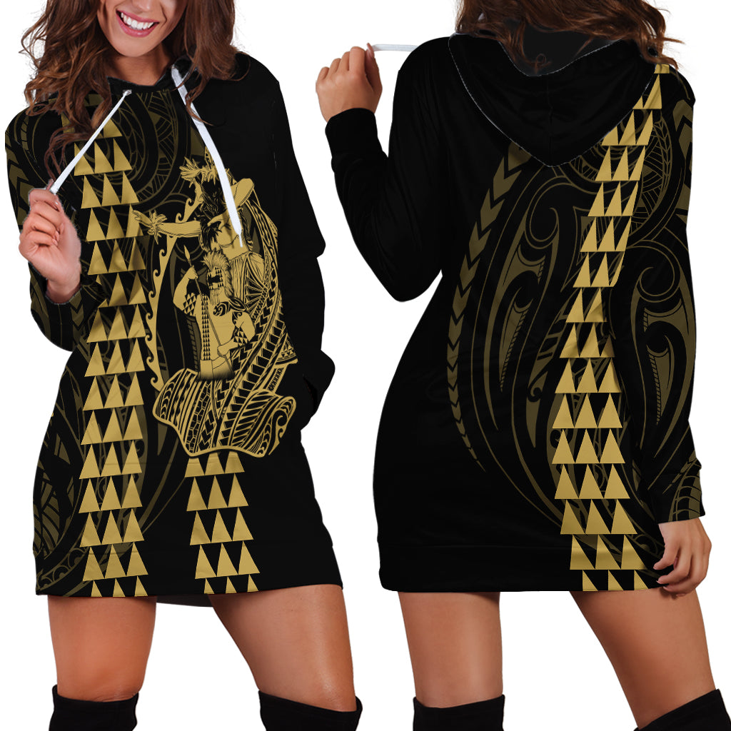 Polynesian Hoodie Dress Hawaiian Warrior and Aloha Girl With Hammerhead Shark Tattoos Gold LT6 - Polynesian Pride