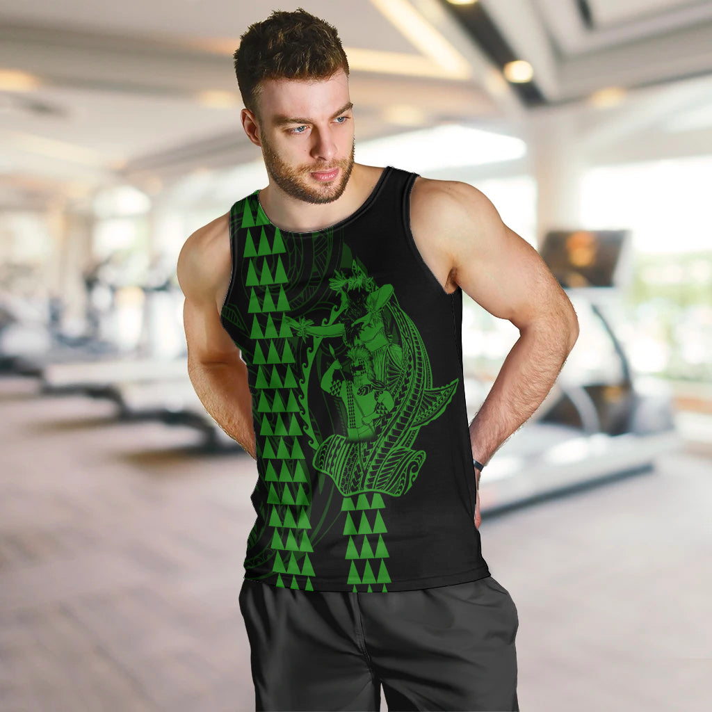 Polynesian Men Tank Top Hawaiian Warrior and Aloha Girl With Hammerhead Shark Tattoos Green LT6 - Polynesian Pride
