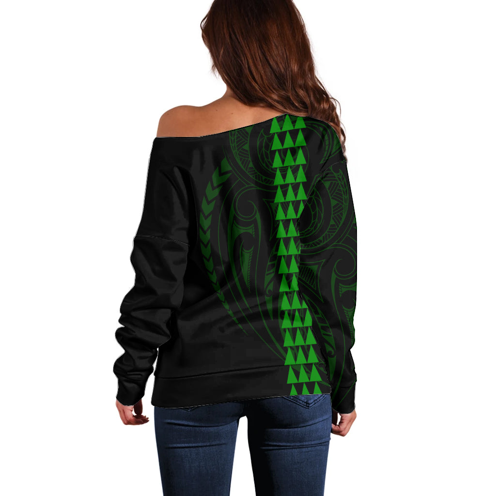 Polynesian Off Shoulder Sweater Hawaiian Warrior and Aloha Girl With Hammerhead Shark Tattoos Green LT6 - Polynesian Pride