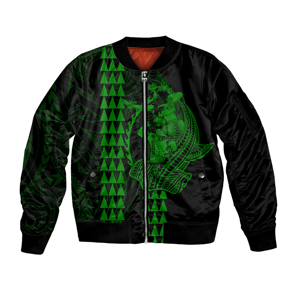 Polynesian Sleeve Zip Bomber Jacket Hawaiian Warrior and Aloha Girl With Hammerhead Shark Tattoos Green LT6 Unisex Green - Polynesian Pride