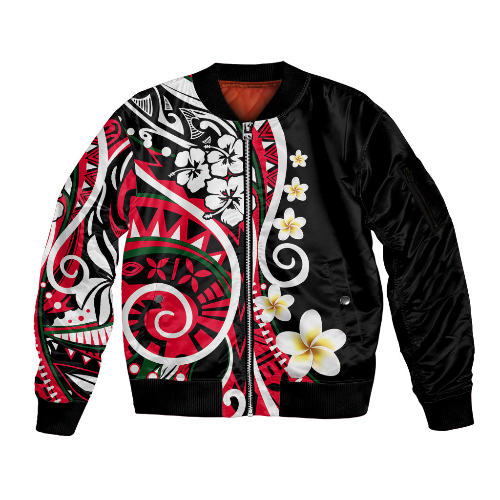 Plumeria Polynesian Sleeve Zip Bomber Jacket Trending Red LT6 Unisex Red - Polynesian Pride