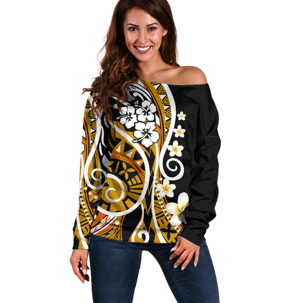 Plumeria Polynesian Off Shoulder Sweater Trending Gold LT6 Women Gold - Polynesian Pride