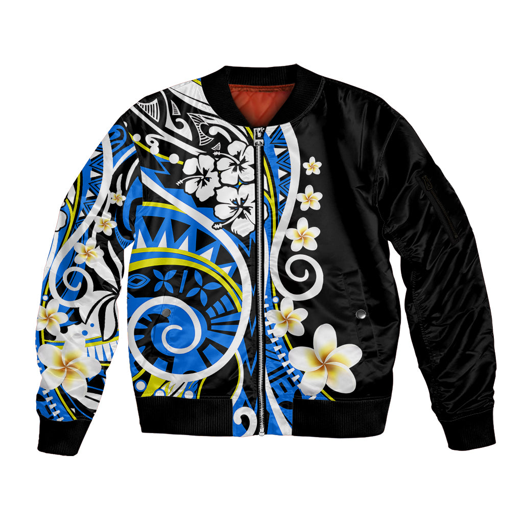 Plumeria Polynesian Sleeve Zip Bomber Jacket Trending Blue LT6 Unisex Blue - Polynesian Pride