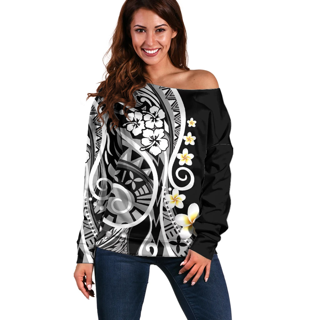 Plumeria Polynesian Off Shoulder Sweater Trending Black LT6 Women Black - Polynesian Pride