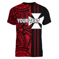 Custom Wallis and Futuna Women V Neck T Shirt Polynesian Tribal Red LT6 - Polynesian Pride