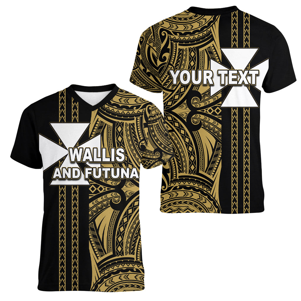 Custom Wallis and Futuna Women V Neck T Shirt Polynesian Tribal Gold LT6 - Polynesian Pride