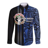 Custom Northern Mariana Islands Long Sleeve Button Shirt Polynesian Tribal LT6 Unisex Blue - Polynesian Pride