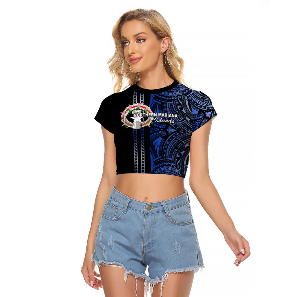 Custom Northern Mariana Islands Raglan Cropped T Shirt Polynesian Tribal LT6 Female Blue - Polynesian Pride