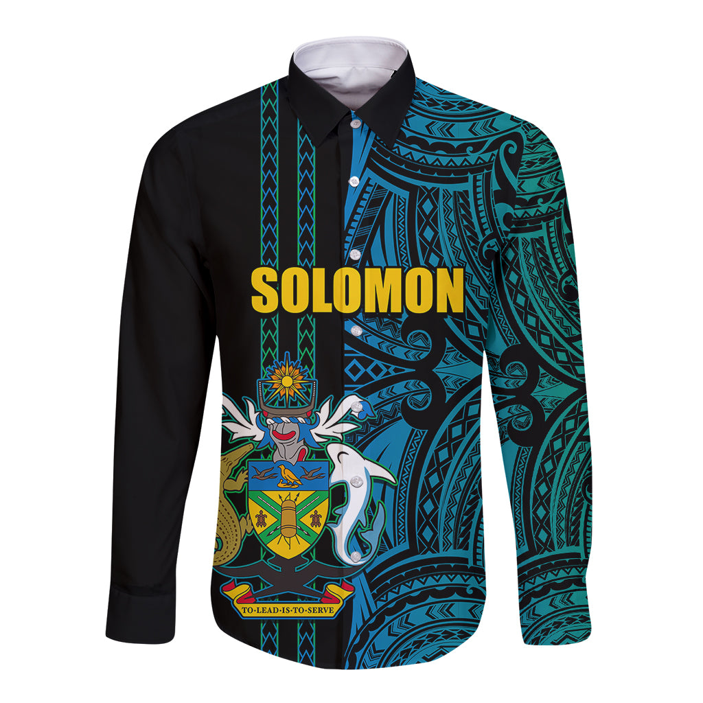 Custom Solomon Islands Long Sleeve Button Shirt Polynesian Tribal LT6 Unisex Blue - Polynesian Pride