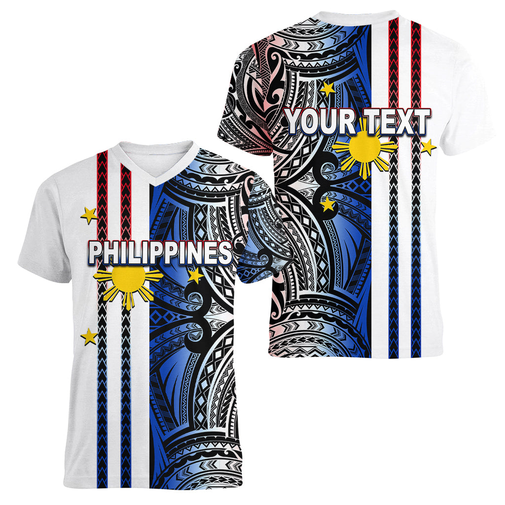 Custom Philippines Women V Neck T Shirt Polynesian Tribal White LT6 - Polynesian Pride