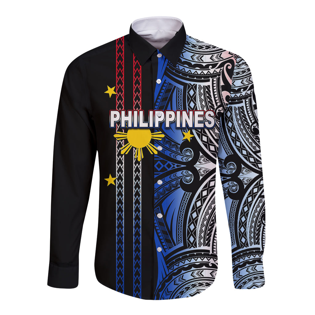 Custom Philippines Long Sleeve Button Shirt Polynesian Tribal Black LT6 Unisex Black - Polynesian Pride
