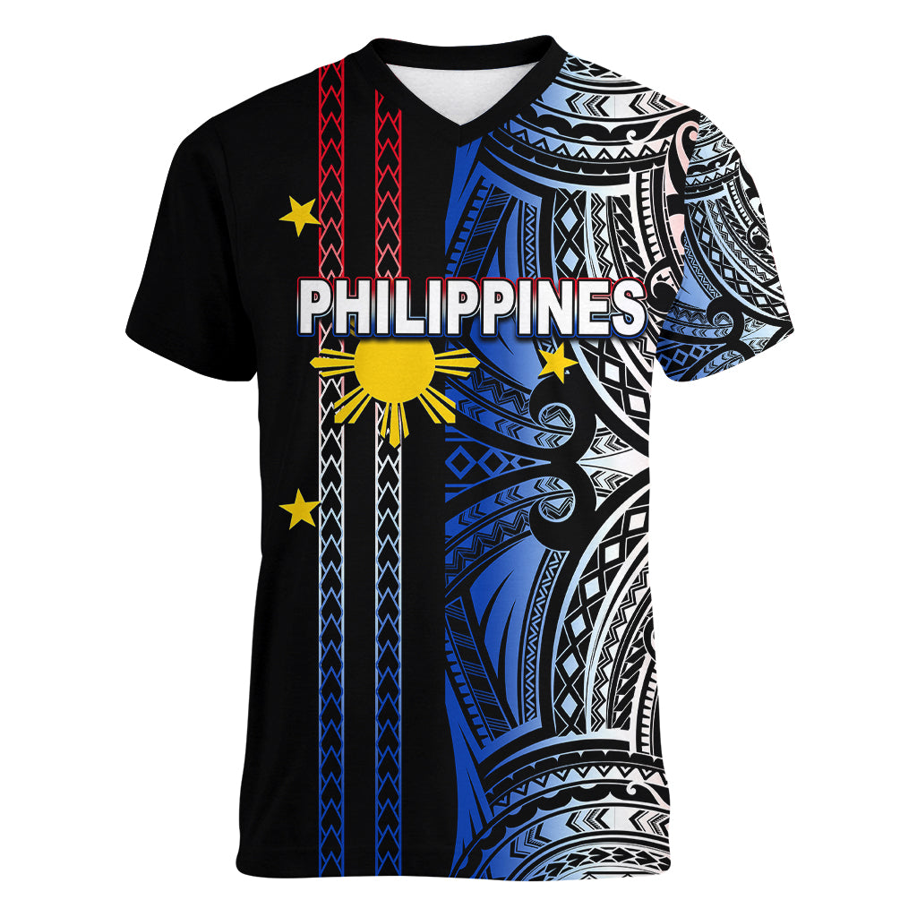 Custom Philippines Women V Neck T Shirt Polynesian Tribal Black LT6 Female Black - Polynesian Pride