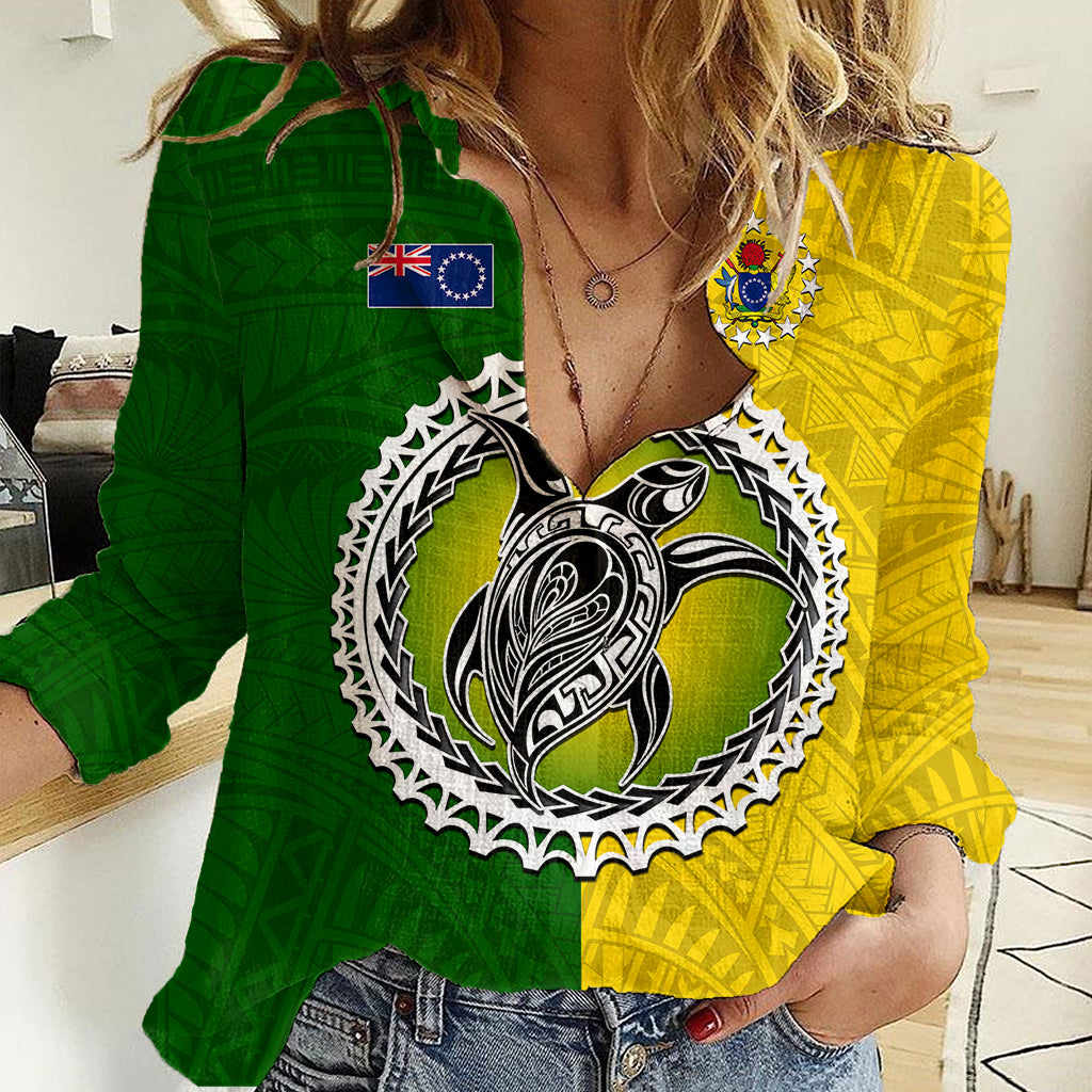 Cook Islands Women Casual Shirt Yellow-Green Half Style LT6 Female Green - Polynesian Pride
