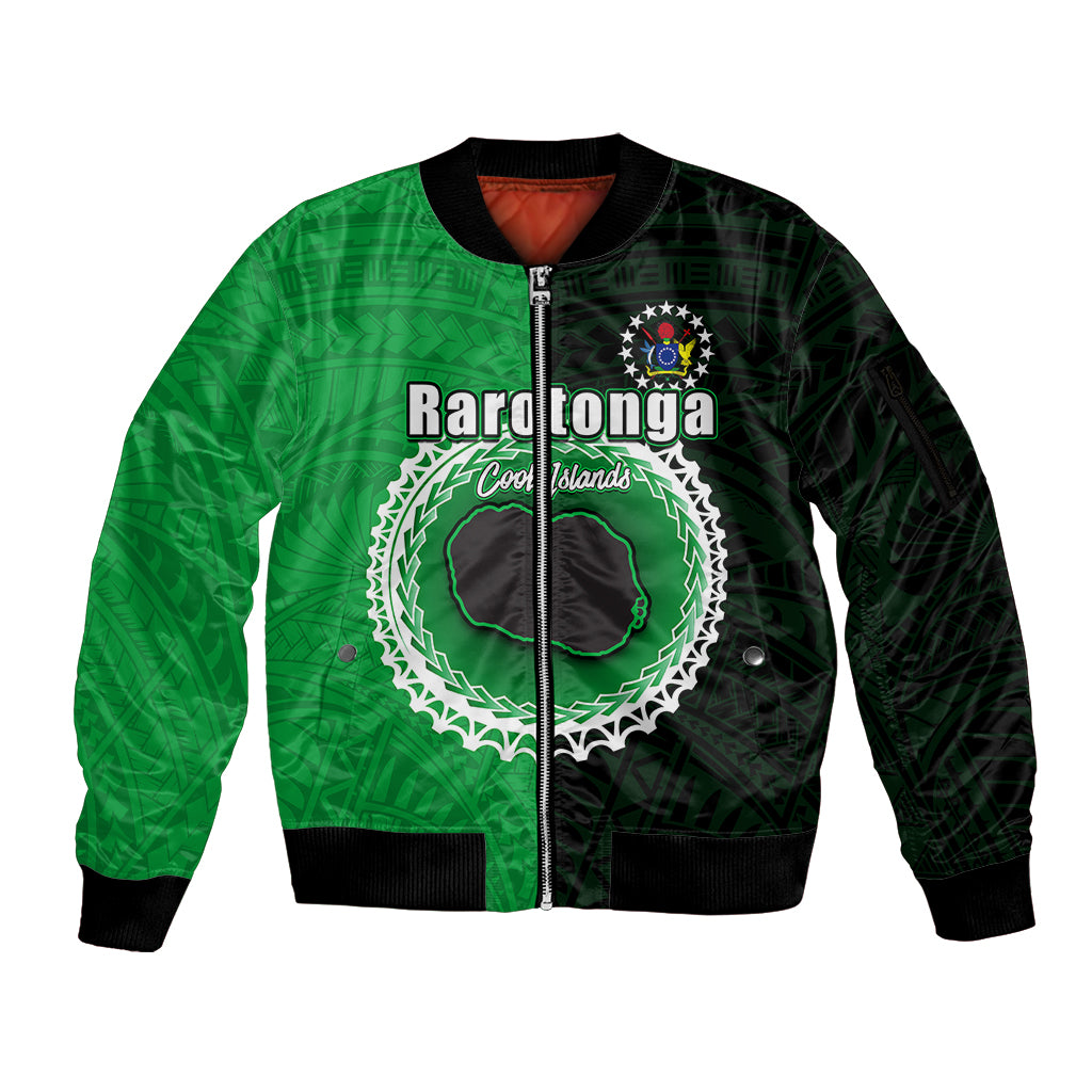 Custom Rarotonga Of Cook Islands Sleeve Zip Bomber Jacket Mix Half Black LT6 Unisex Green - Polynesian Pride