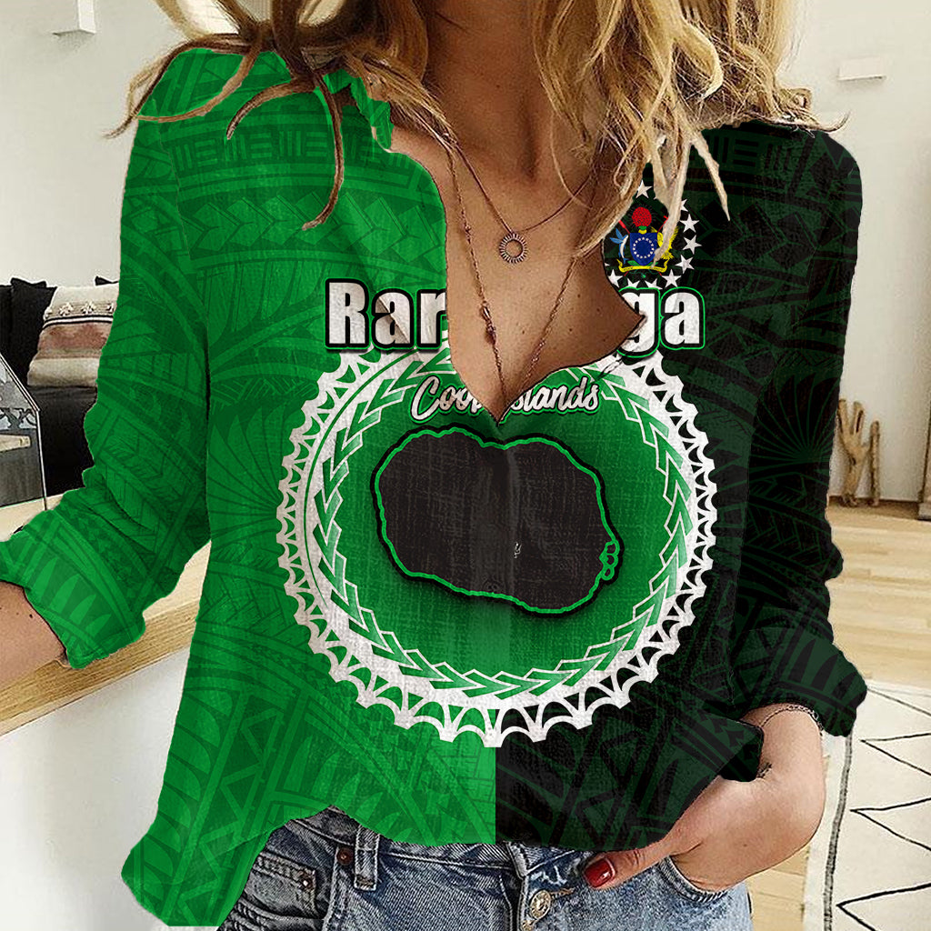 Custom Rarotonga Of Cook Islands Women Casual Shirt Mix Half Black LT6 Female Green - Polynesian Pride