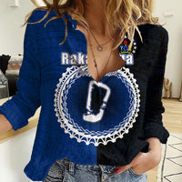 Custom Rakahanga Of Cook Islands Women Casual Shirt Mix Half Black LT6 Female Blue - Polynesian Pride