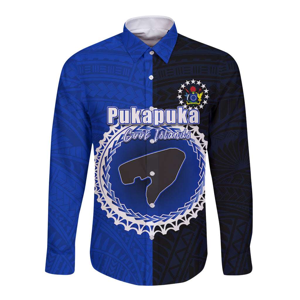Custom Pukapuka Of Cook Islands Long Sleeve Button Shirt Mix Half Black LT6 Unisex Blue - Polynesian Pride