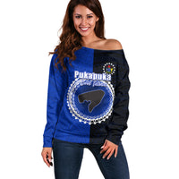 Custom Pukapuka Of Cook Islands Off Shoulder Sweater Mix Half Black LT6 Women Blue - Polynesian Pride