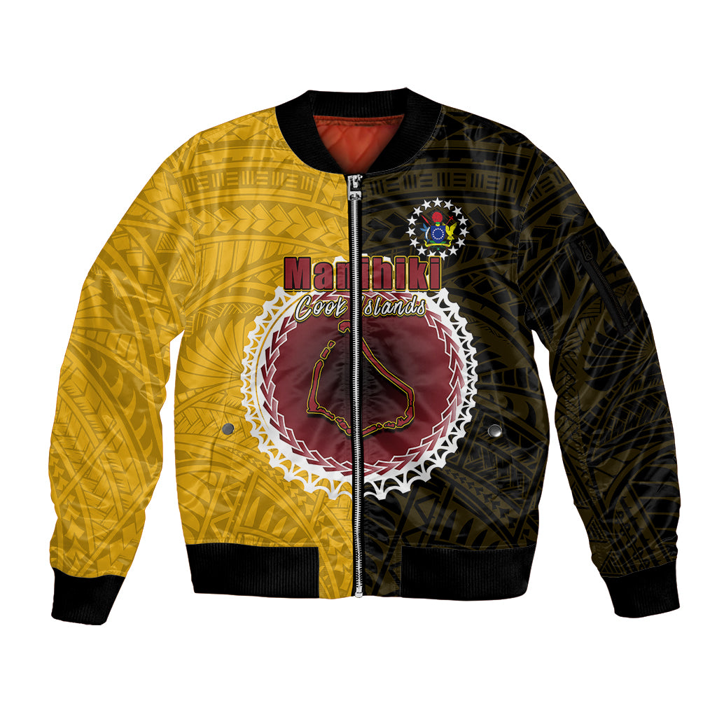 Custom Manihiki Of Cook Islands Sleeve Zip Bomber Jacket Mix Half Black LT6 Unisex Yellow - Polynesian Pride