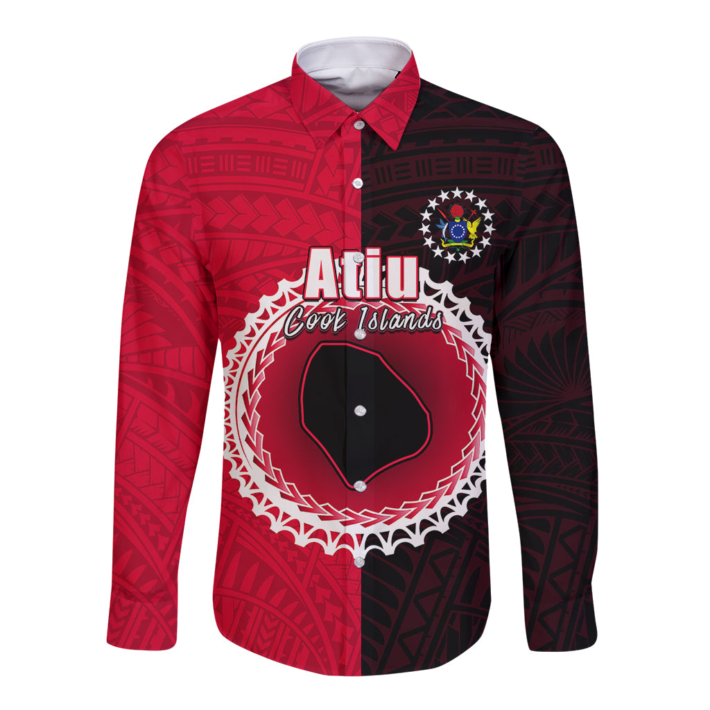 Custom Atiu Of Cook Islands Long Sleeve Button Shirt Mix Half Black LT6 Unisex Red - Polynesian Pride