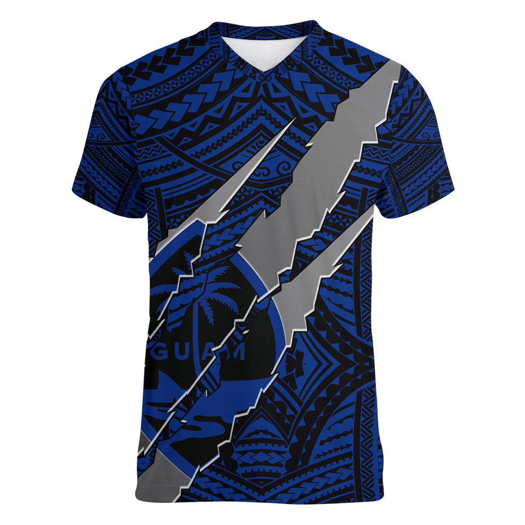 Polynesian Guam Women V Neck T Shirt with Coat Of Arms Claws Style - Blue LT6 Female Blue - Polynesian Pride