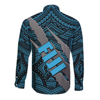 Polynesian Fiji Long Sleeve Button Shirt with Coat Of Arms Claws Style - Blue LT6 - Polynesian Pride