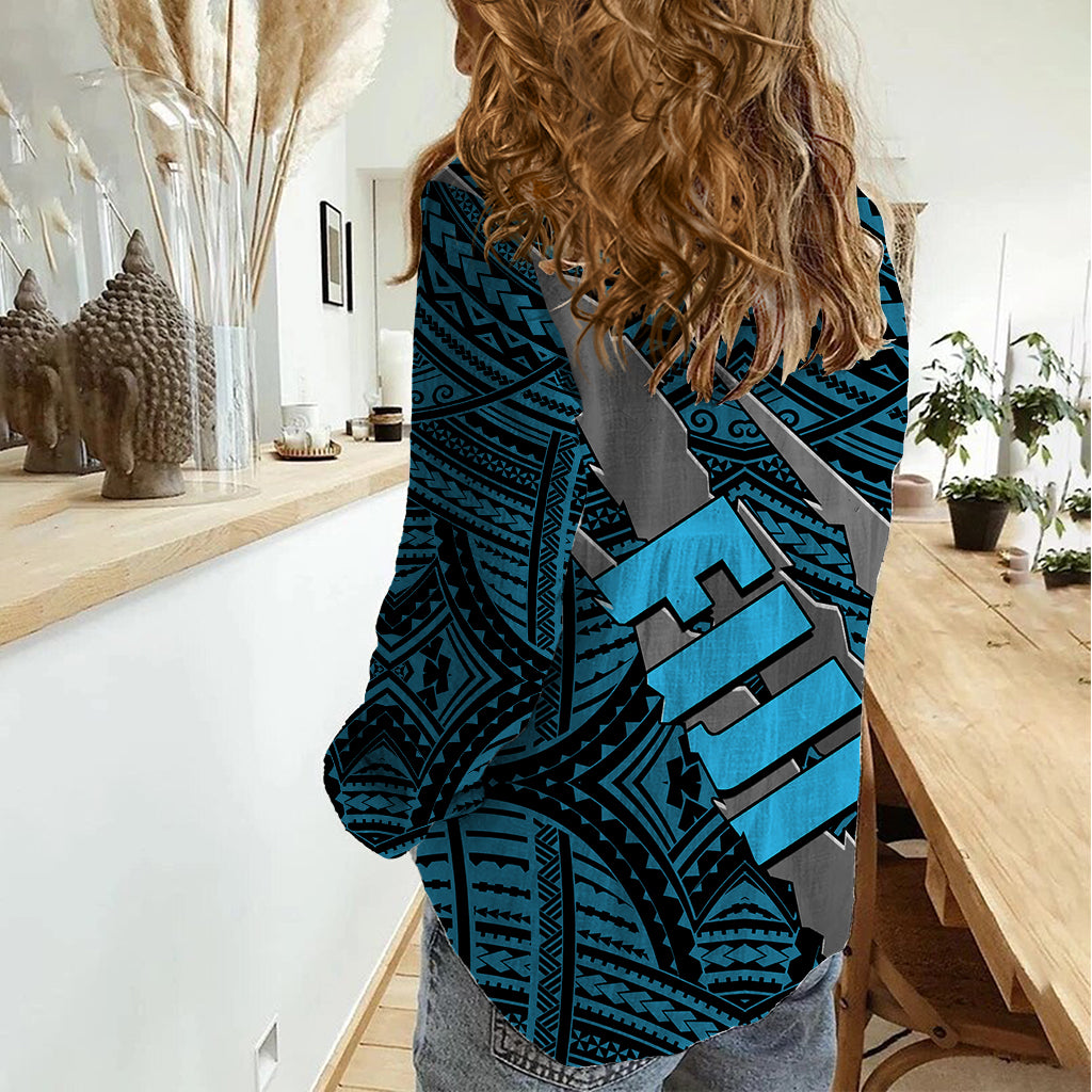 Polynesian Fiji Women Casual Shirt with Coat Of Arms Claws Style - Blue LT6 - Polynesian Pride