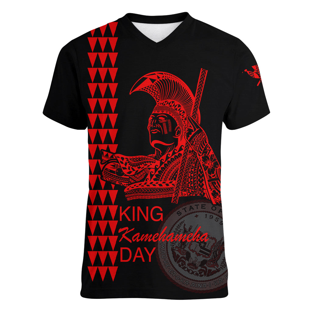Custom Hawaii Women V Neck T Shirt King Kamehameha Day - Red LT6 Female Red - Polynesian Pride