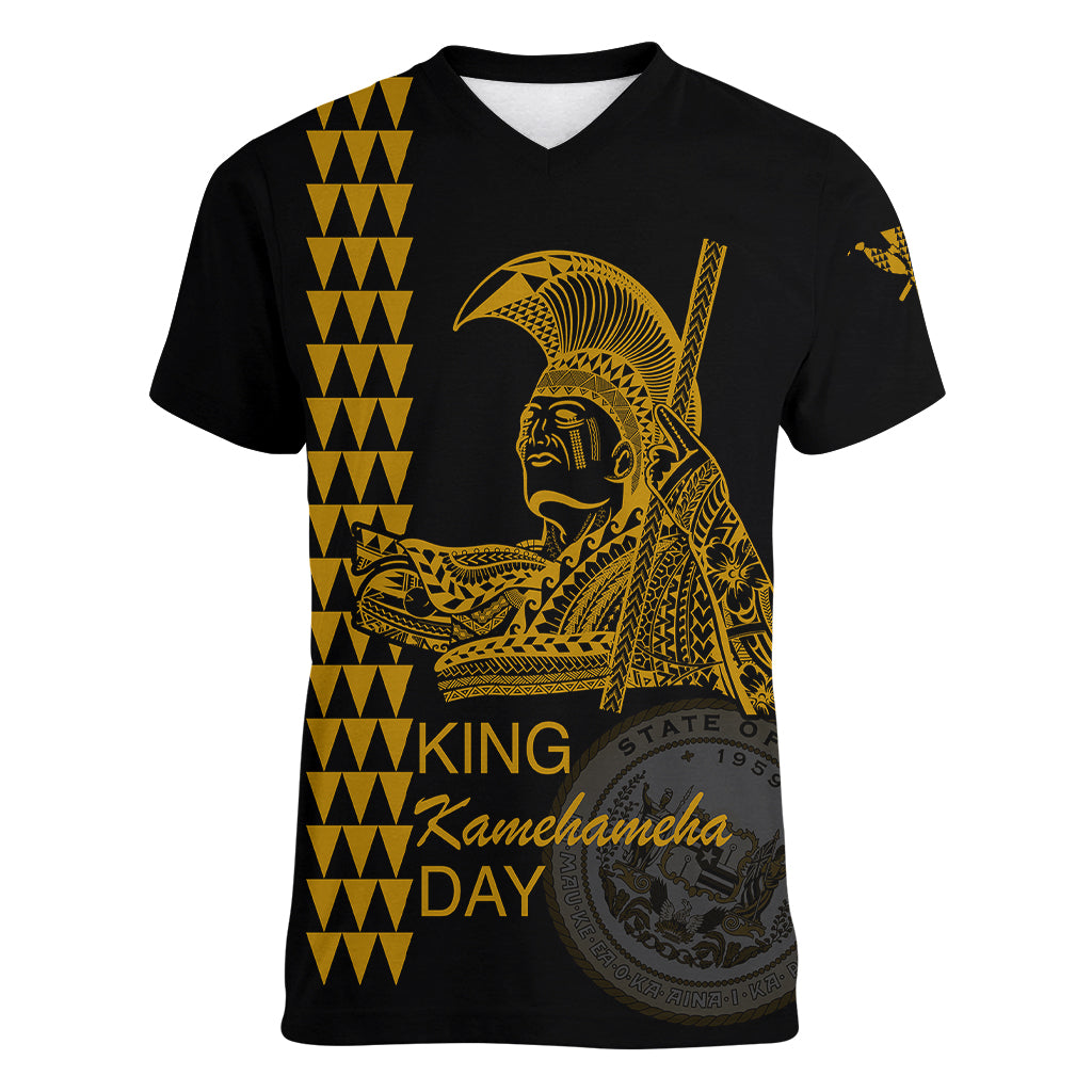 Custom Hawaii Women V Neck T Shirt King Kamehameha Day - Gold LT6 Female Gold - Polynesian Pride