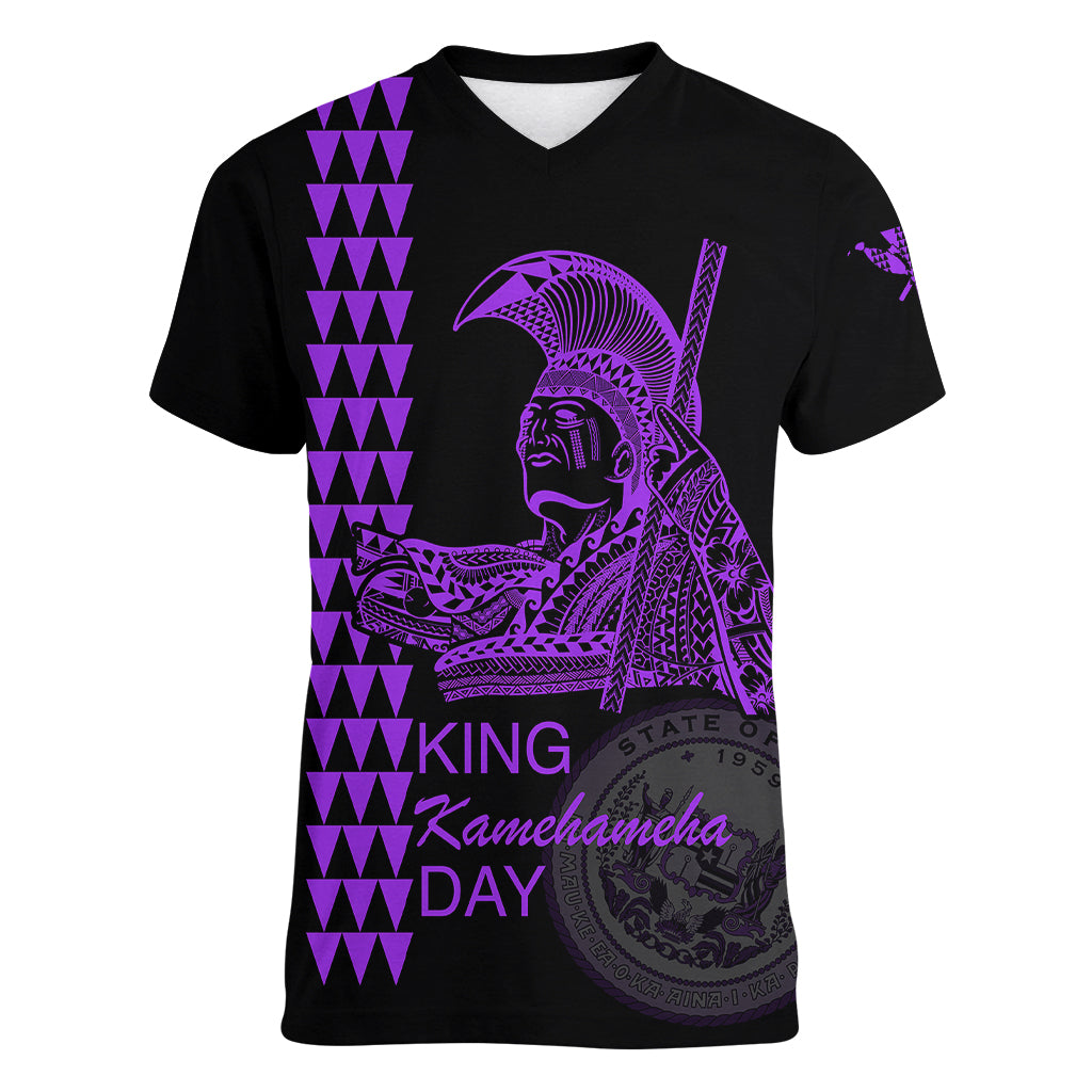 Custom Hawaii Women V Neck T Shirt King Kamehameha Day - Purple LT6 Female Purple - Polynesian Pride