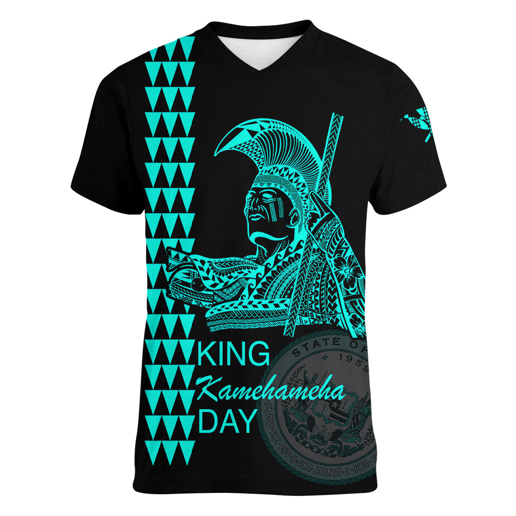 Custom Hawaii Women V Neck T Shirt King Kamehameha Day - Green LT6 Female Green - Polynesian Pride