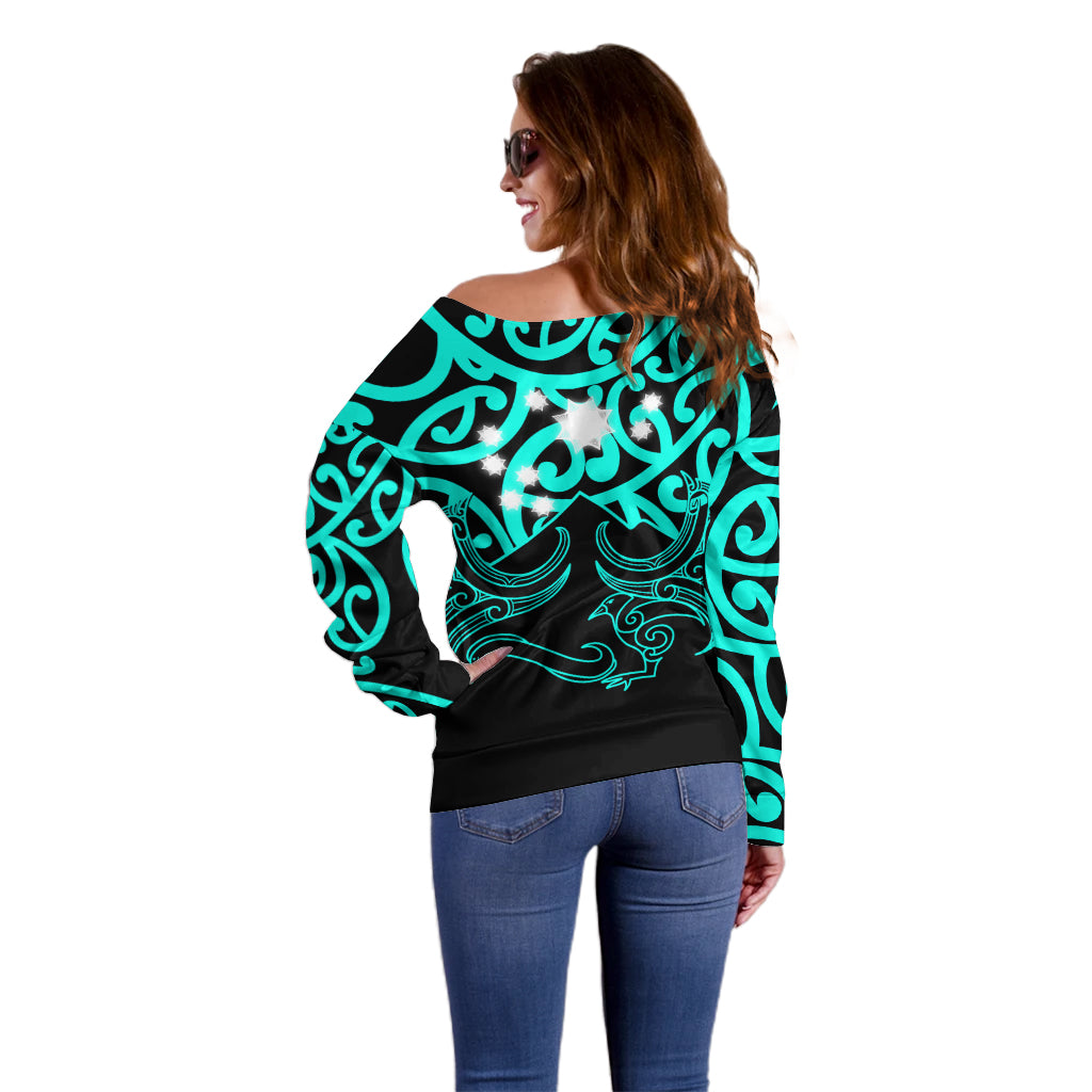 Matariki New Zealand Off Shoulder Sweater Maori New Year Turquoise LT6 - Polynesian Pride