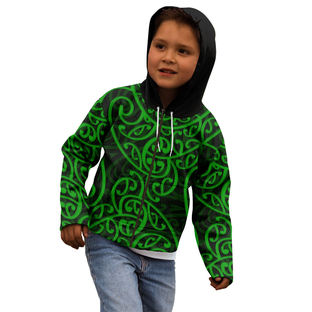 New Zealand Kid Hoodie Maori Pattern Green LT6 - Polynesian Pride