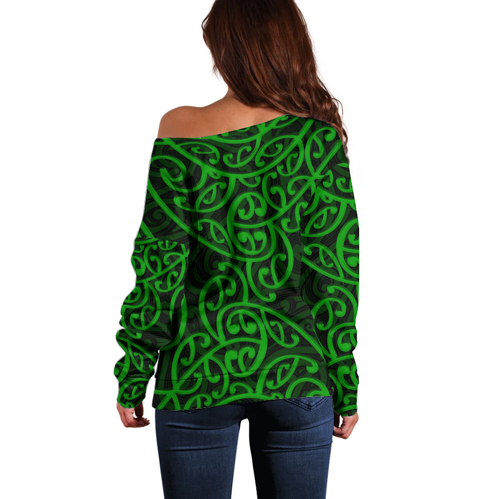 New Zealand Off Shoulder Sweater Maori Pattern Green LT6 - Polynesian Pride