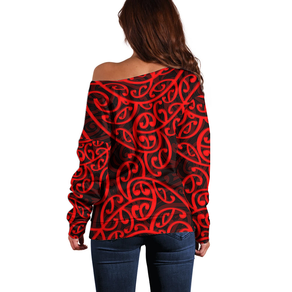 New Zealand Off Shoulder Sweater Maori Pattern Red LT6 - Polynesian Pride