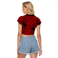 New Zealand Raglan Cropped T Shirt Maori Pattern Red LT6 - Polynesian Pride