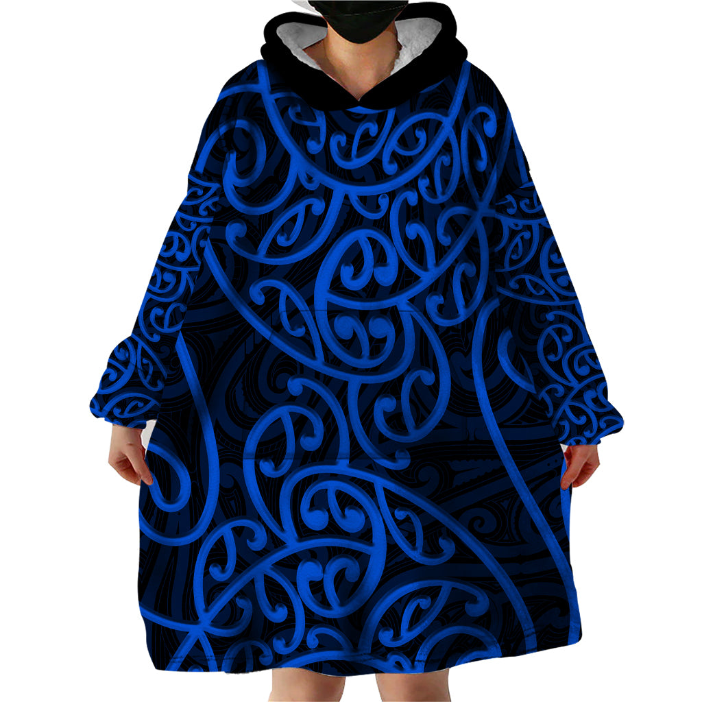 New Zealand Wearable Blanket Hoodie Maori Pattern Blue LT6 - Polynesian Pride