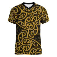 New Zealand Women V Neck T Shirt Maori Pattern Gold LT6 Female Gold - Polynesian Pride