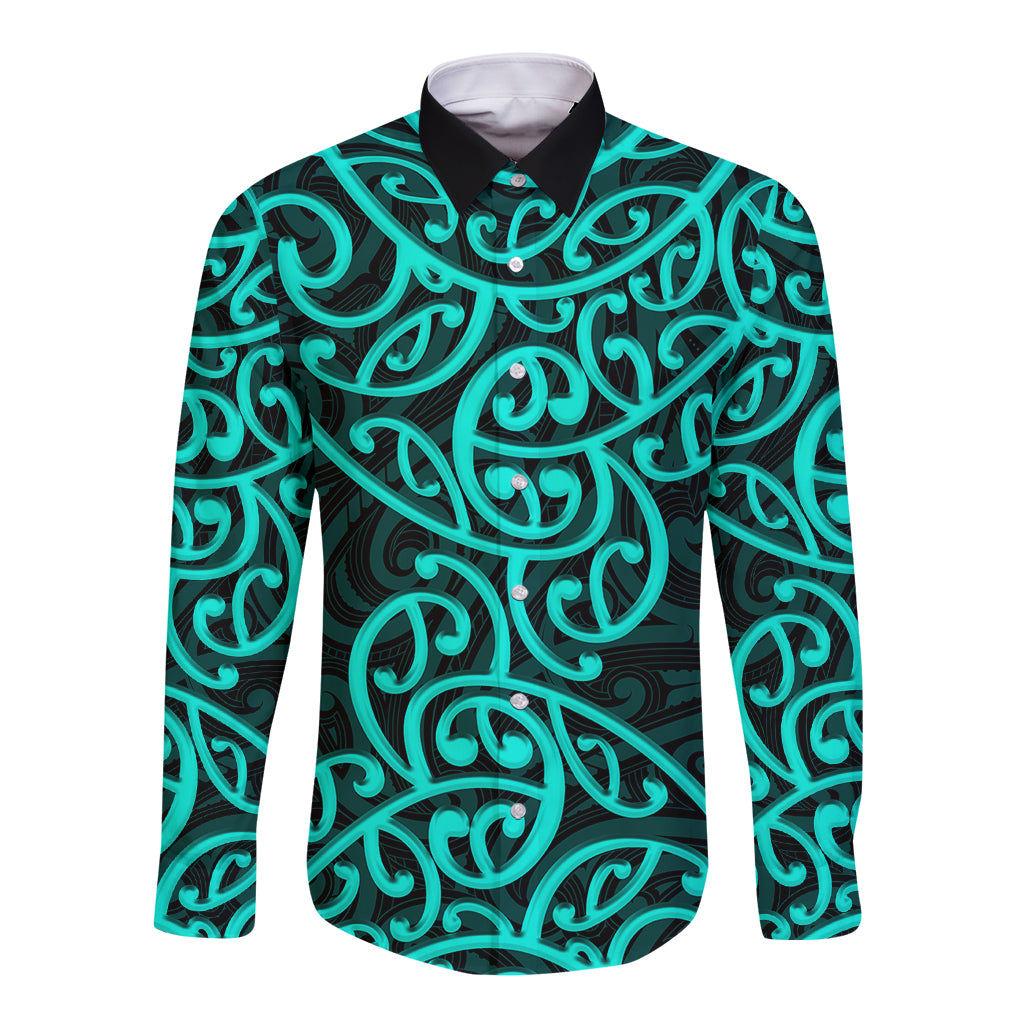 New Zealand Long Sleeve Button Shirt Maori Pattern Turquoise LT6 Unisex Green - Polynesian Pride