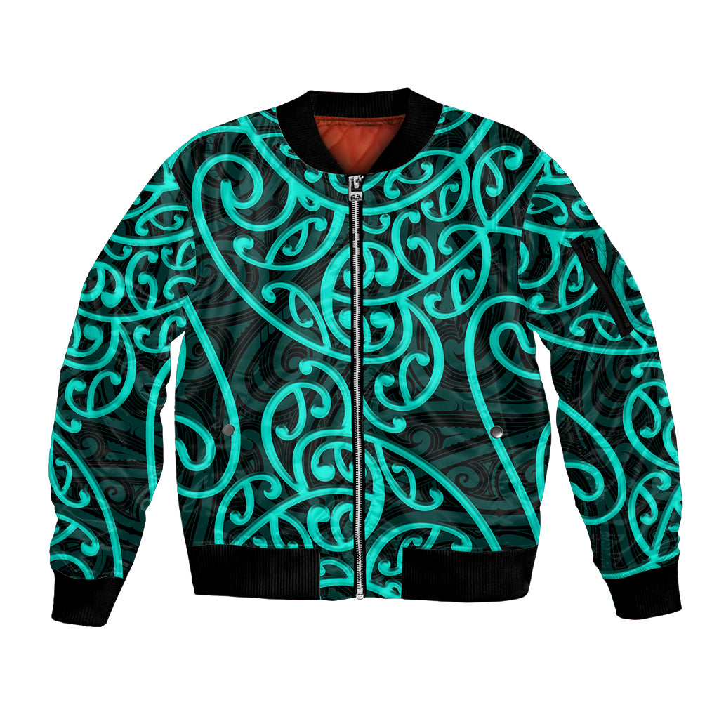 New Zealand Sleeve Zip Bomber Jacket Maori Pattern Turquoise LT6 Unisex Green - Polynesian Pride