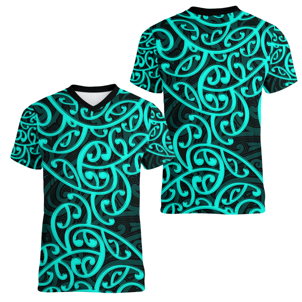 New Zealand Women V Neck T Shirt Maori Pattern Turquoise LT6 - Polynesian Pride