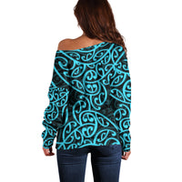 New Zealand Off Shoulder Sweater Maori Pattern Light Blue LT6 - Polynesian Pride