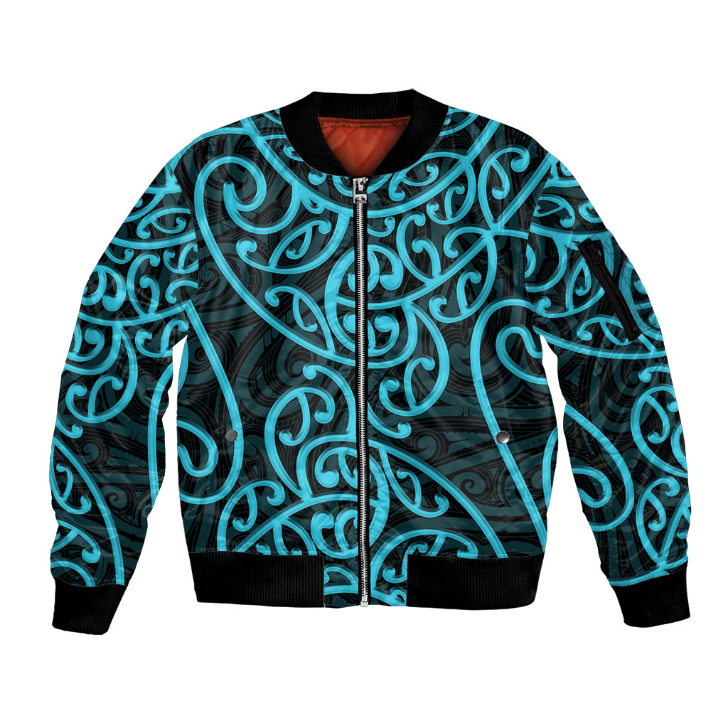 New Zealand Sleeve Zip Bomber Jacket Maori Pattern Light Blue LT6 Unisex Blue - Polynesian Pride