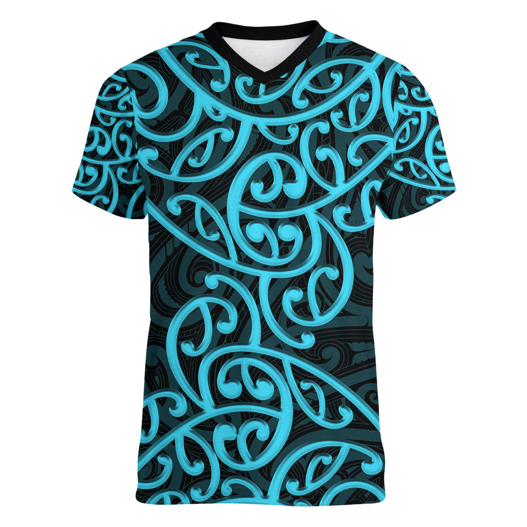 New Zealand Women V Neck T Shirt Maori Pattern Light Blue LT6 Female Blue - Polynesian Pride